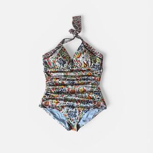 Tommy Bahama Womens Floral Ruched Tummy Control Halter One Piece Swimsuit M